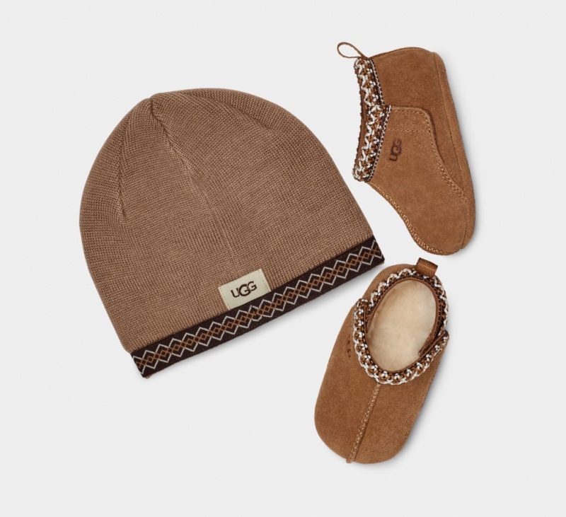 Ugg Baby Tasman and Logo Beanie Set Tofflor Barn Bruna | Sverige-40826