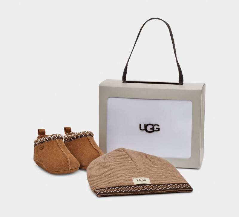 Ugg Baby Tasman and Logo Beanie Set Tofflor Barn Bruna | Sverige-40826