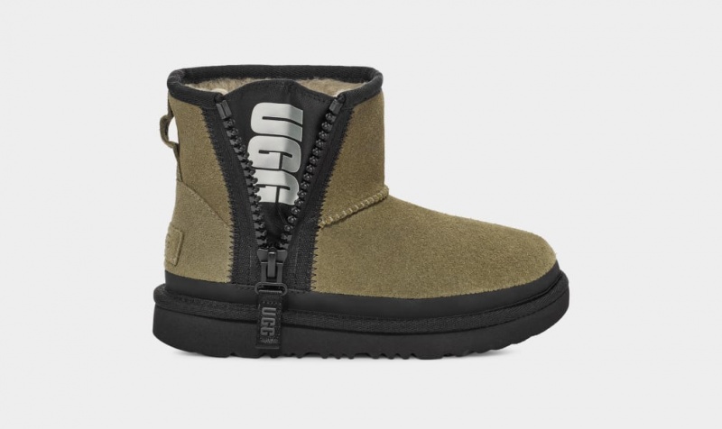 Ugg Classic Mini Dragkedja Tape Logo Stövlar Barn Olivgröna | Sverige-84192