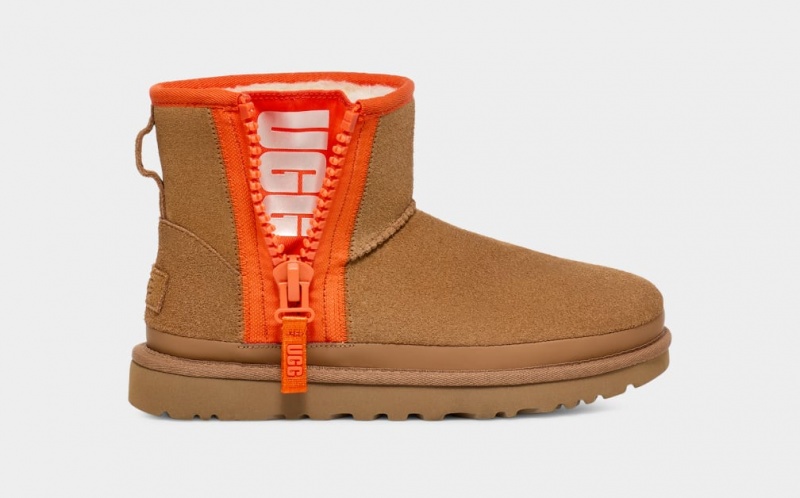 Ugg Classic Mini Dragkedja Tape Logo Stövlar Dam Bruna | Sverige-23046