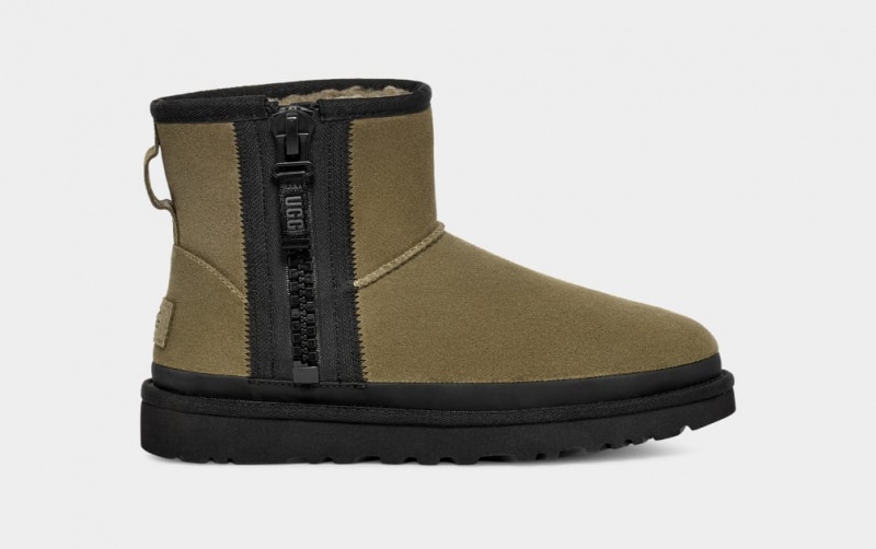 Ugg Classic Mini Dragkedja Tape Logo Stövlar Dam Olivgröna | Sverige-95104