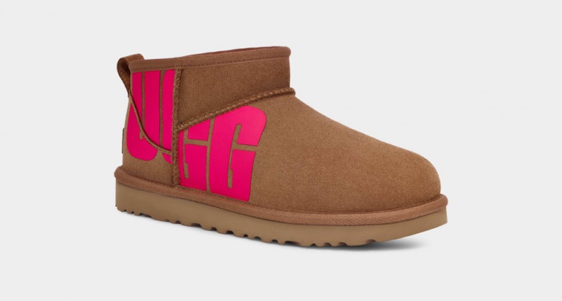 Ugg Classic Ultra Mini Logo Stövlar Dam Bruna Rosa | Sverige-73219