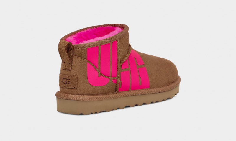 Ugg Classic Ultra Mini Logo Stövlar Dam Bruna Rosa | Sverige-73219