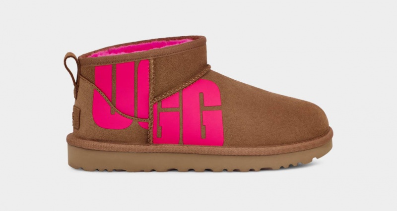 Ugg Classic Ultra Mini Logo Stövlar Dam Bruna Rosa | Sverige-73219