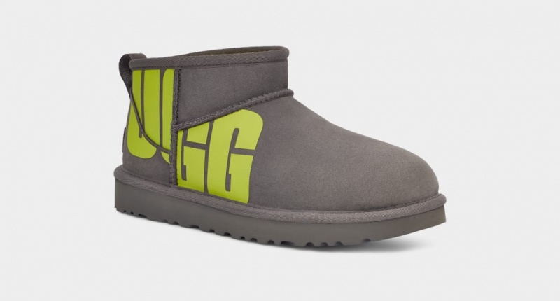 Ugg Classic Ultra Mini Logo Stövlar Dam Grå Ljusgröna | Sverige-70394