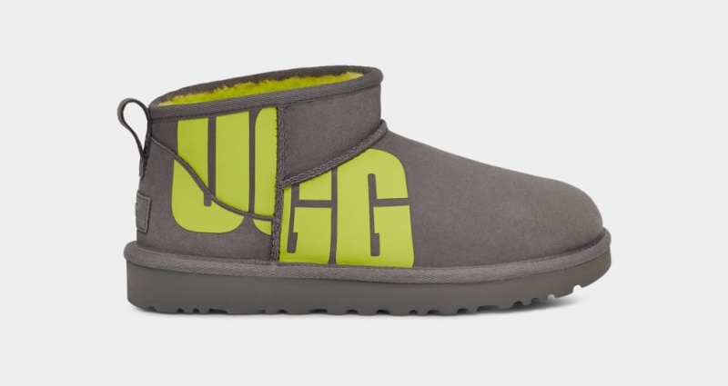 Ugg Classic Ultra Mini Logo Stövlar Dam Grå Ljusgröna | Sverige-70394