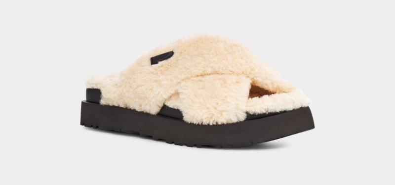 Ugg Fuzz Sugar Cross Badtofflor Tofflor Dam Beige Svarta | Sverige-92015