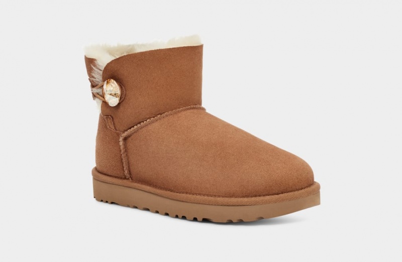 Ugg Mini Bailey Button Bling Stövlar Dam Bruna Guld | Sverige-72539