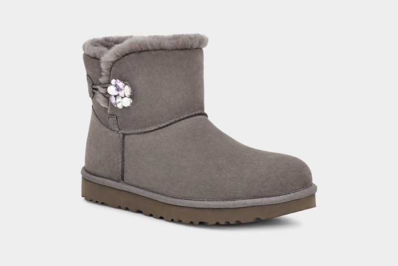 Ugg Mini Bailey Button Pearl Gem Stövlar Dam Grå | Sverige-95137